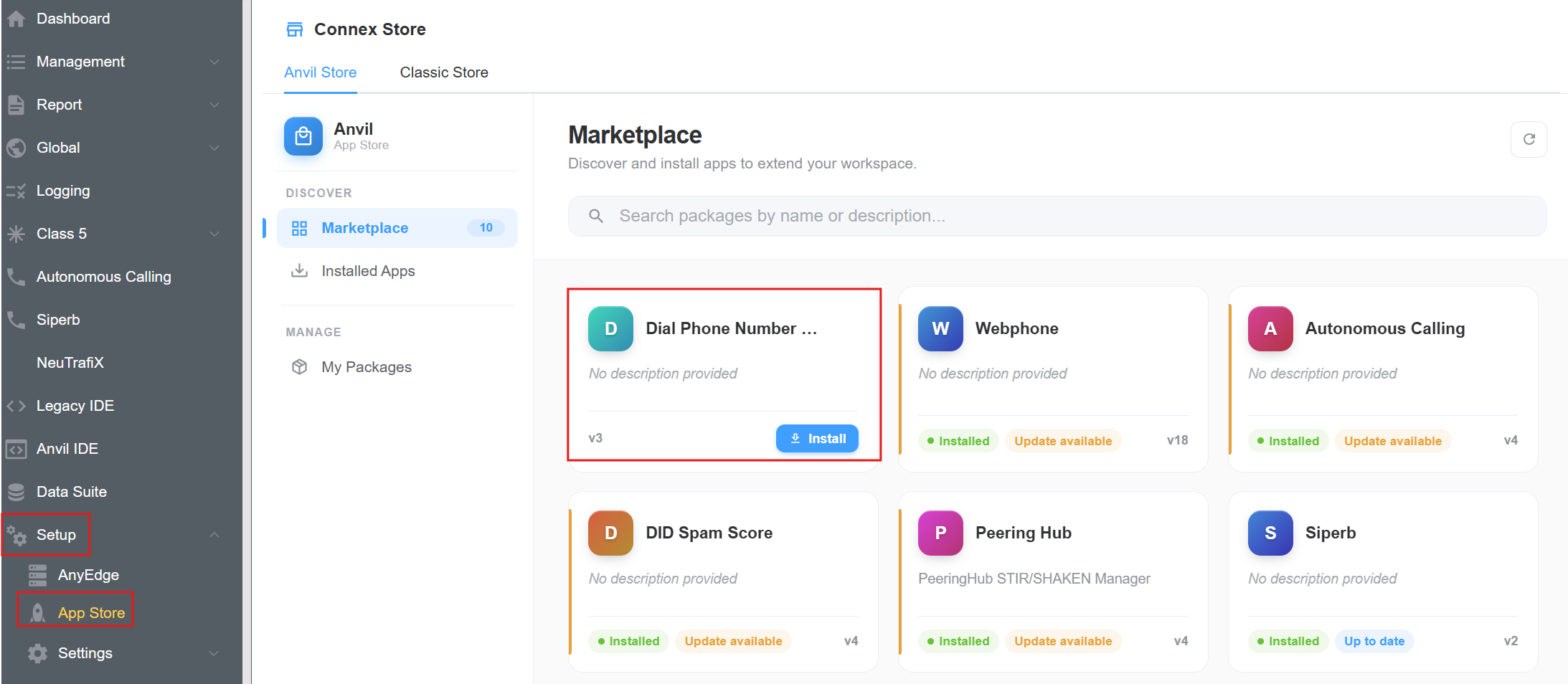Connex Store Marketplace showing Dial Phone Number Verification and the Install button