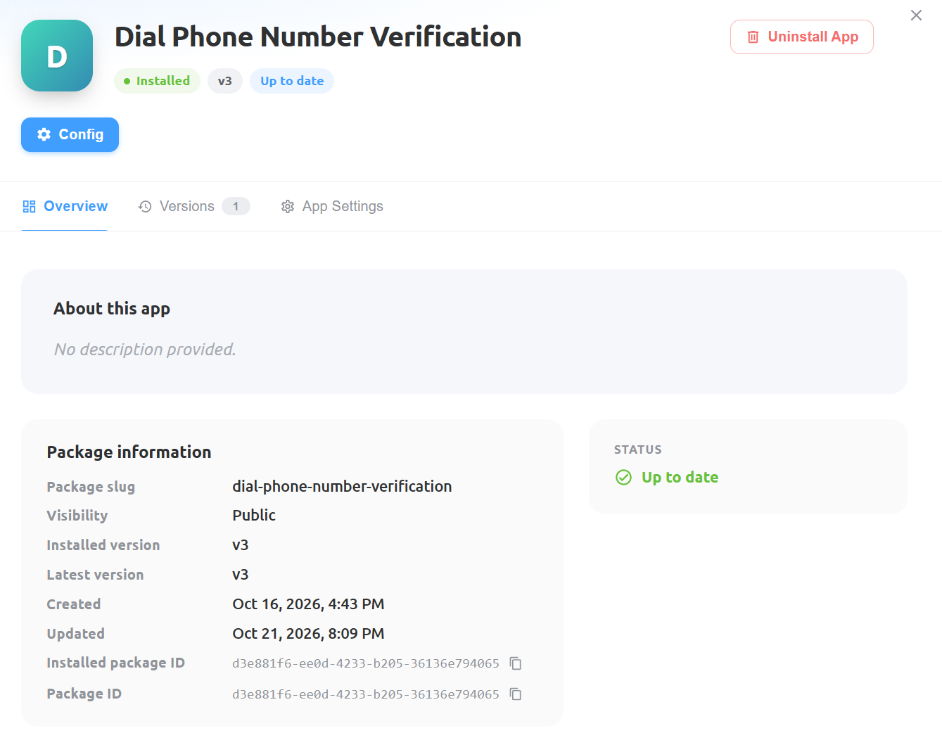 Dial Phone Number Verification application overview with Config button