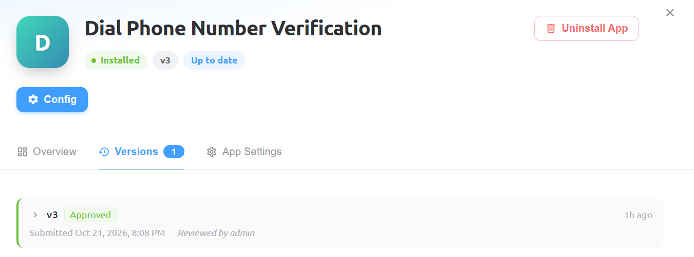 Dial Phone Number Verification Versions tab showing the approved version