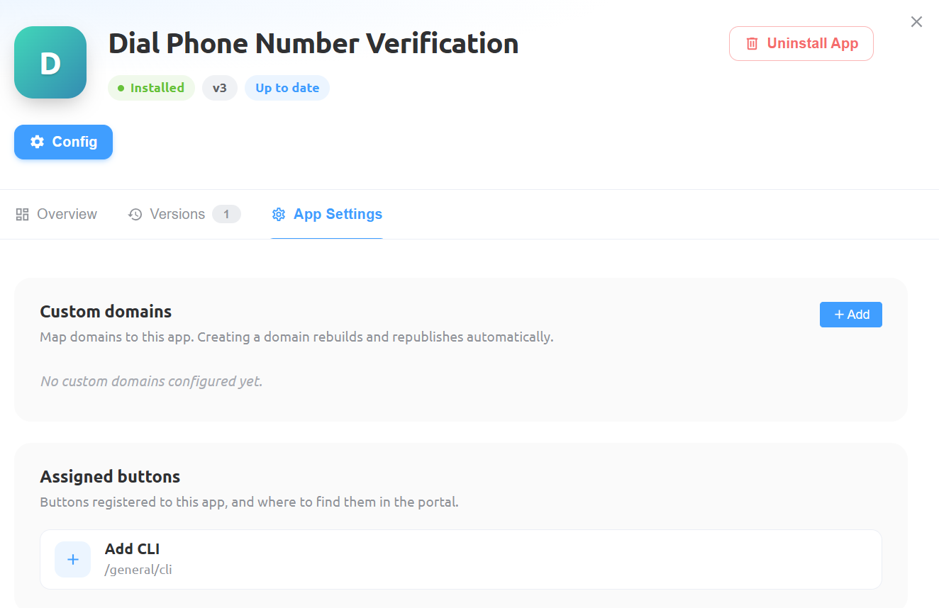 Dial Phone Number Verification Versions tab showing the approved version