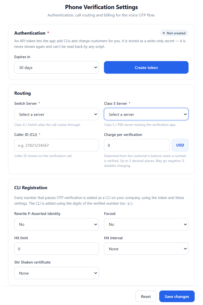 Phone Verification Settings showing Authentication, Routing, and CLI Registration fields