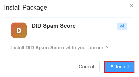 Install Package confirmation window for DID Spam Score