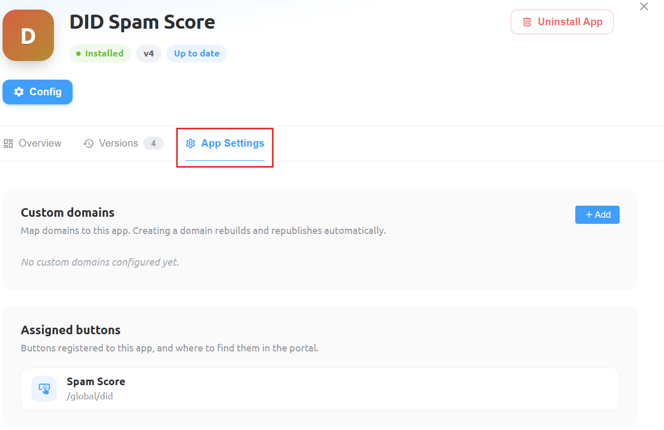 DID Spam Score App Settings showing the Spam Score button assigned to the Global DID page