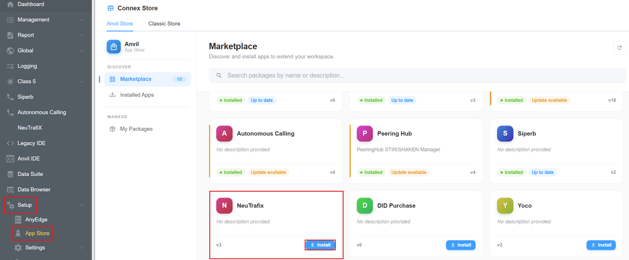Connex Store marketplace showing NeuTrafix and the Install button