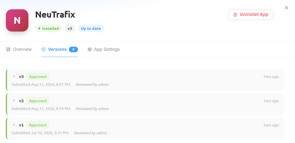 NeuTrafix Versions tab showing version history and approval status