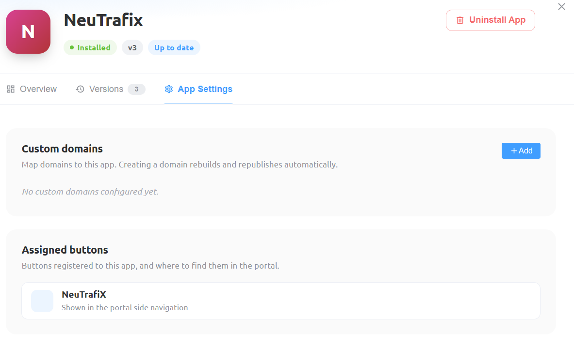 NeuTrafix App Settings showing Custom domains and Assigned buttons