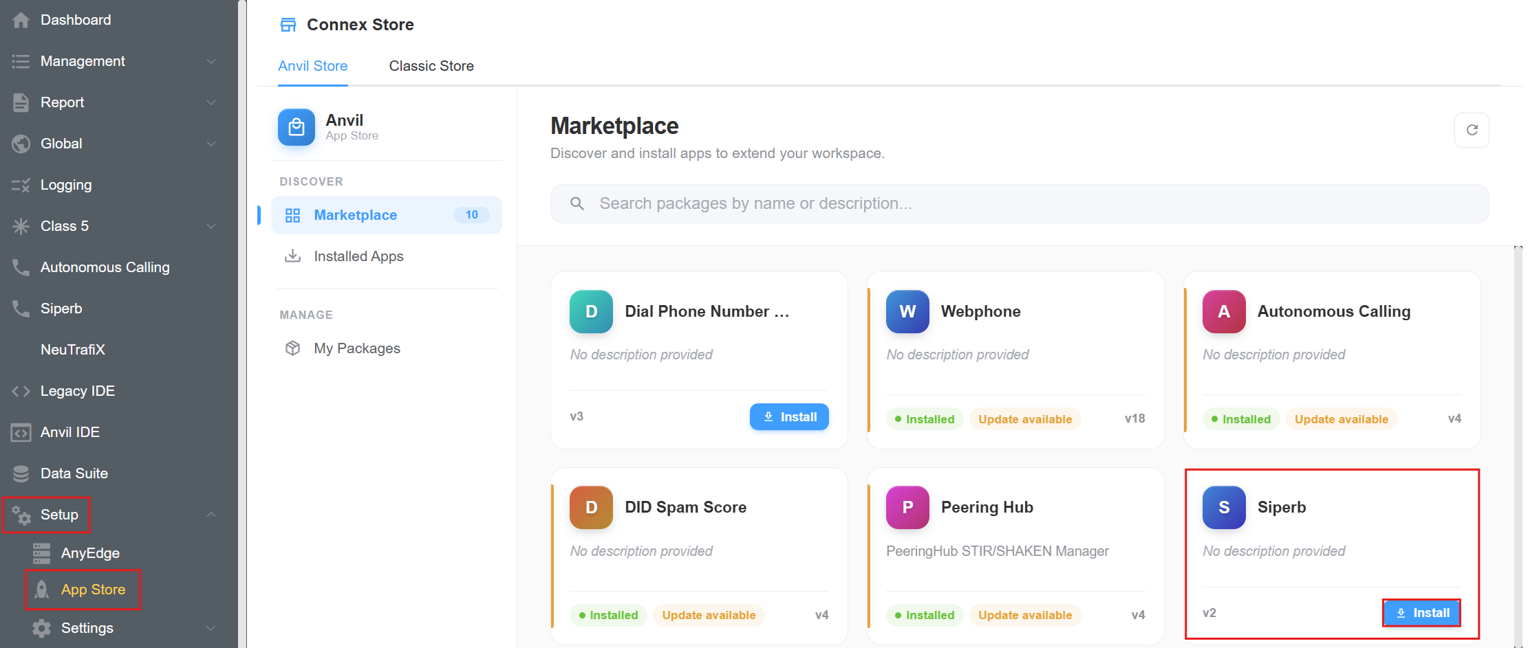 Connex Store marketplace showing the Siperb app and Install button