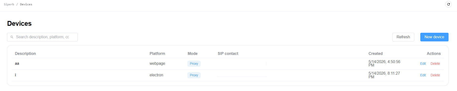 Siperb Devices list showing registered devices and available actions