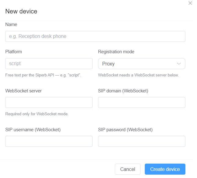 Siperb New device form with device name, platform, registration mode, and WebSocket settings