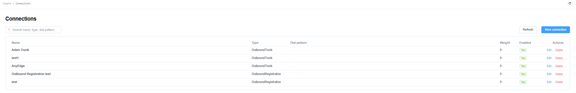 Siperb Connections page showing connection names, types, dial patterns, weights, enabled status, and actions