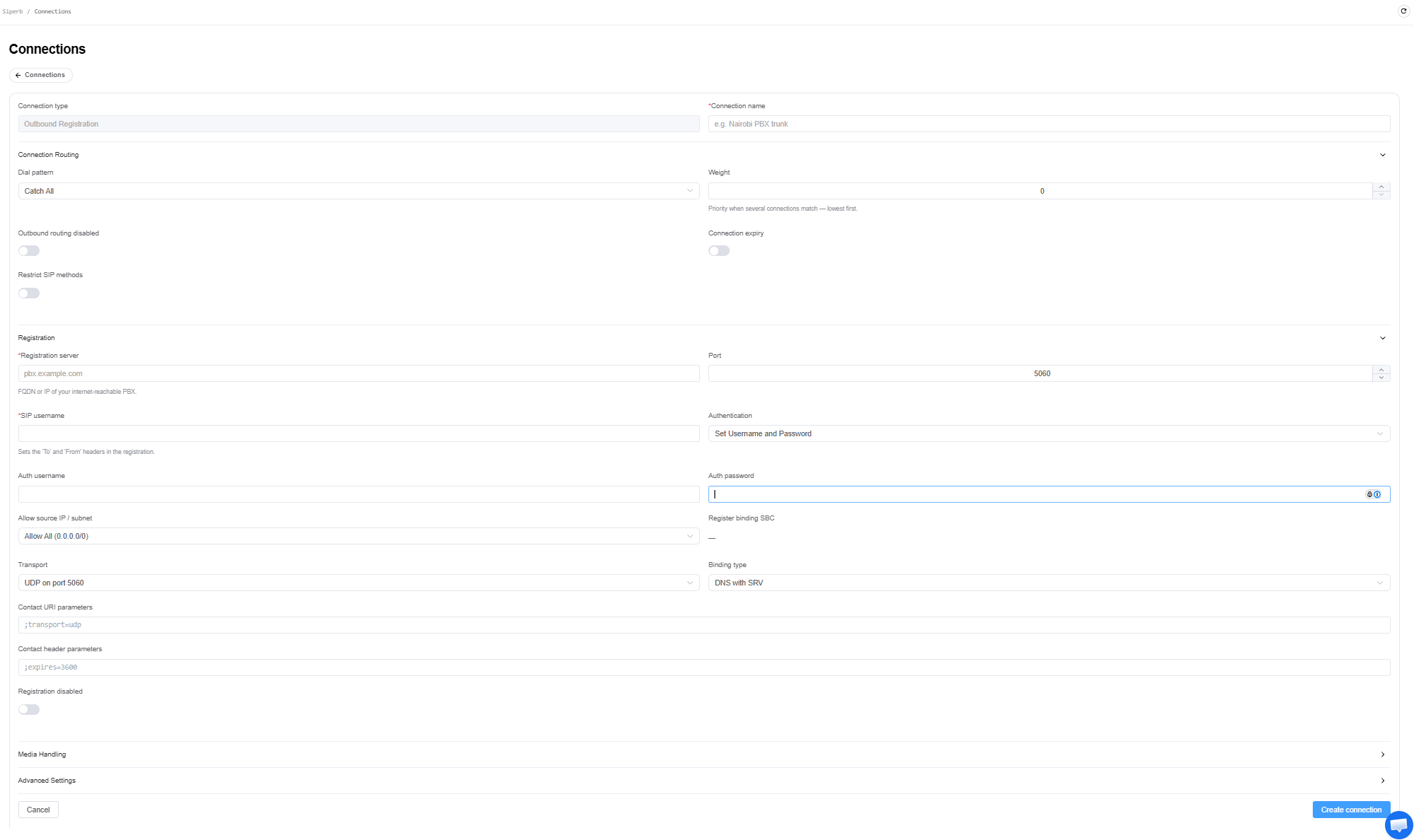 Siperb New Connection form showing connection type, routing, registration, and advanced settings