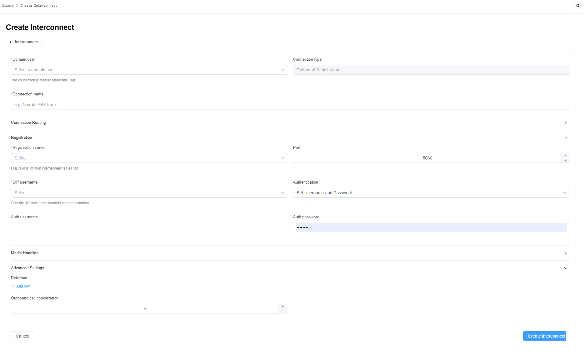 Siperb Create Interconnect form showing domain user, connection type, registration, and advanced settings