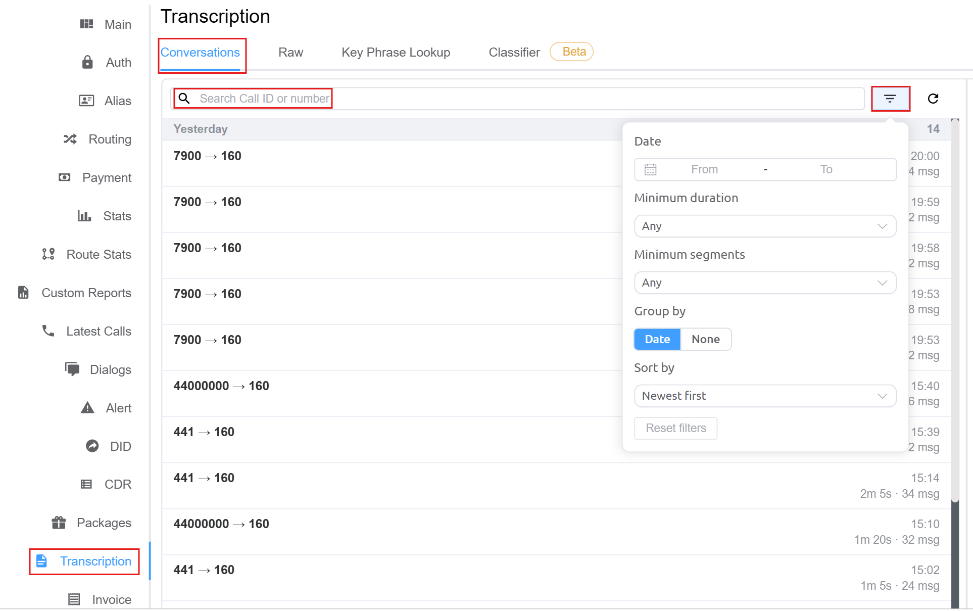 Conversations tab with search and filter panel